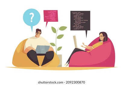 Programmer composition with doodle style characters of programmers working with laptops on soft chairs vector illustration