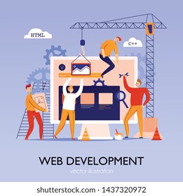 Programmer composition with editable text pictogram icons and conceptual images of people building website from elements vector illustration