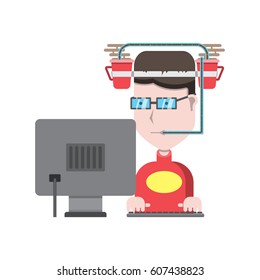 Programmer at the computer with a coffee cup, Headgear from cups with a drink, Man in glasses with keyboard and monitor