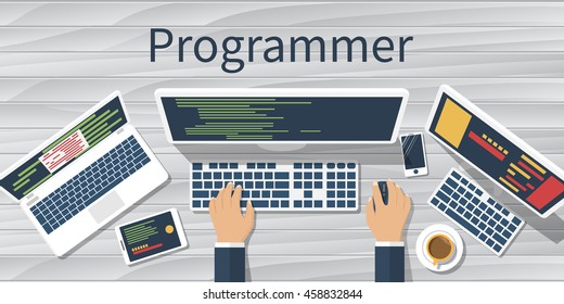 Programmer at computer desk working on program. Software concept. Vector illustration flat design. Man working at desktop computer, laptop. Coding, web technology. Development applications.