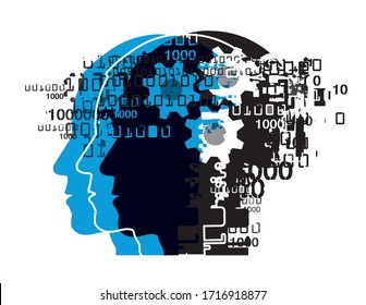 
Programmer, computer expert, hacker silhouettes.
Illustration of three stylized male heads with binary codes and gear. Vector available.