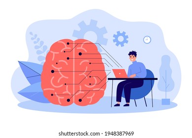 Programmer with computer learning AI. Data, brain with digital circuit flat vector illustration. Artificial intelligence, technology concept for header banner, website design or landing web page