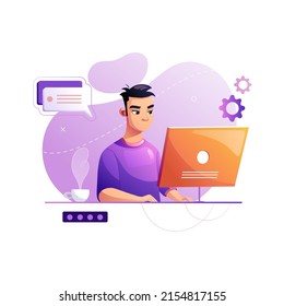 Programmer concentrated at working project. Developing programming and coding technologies. Screen with codes, developer at work with task. Geek coding software with laptop and pc. Isolated vector