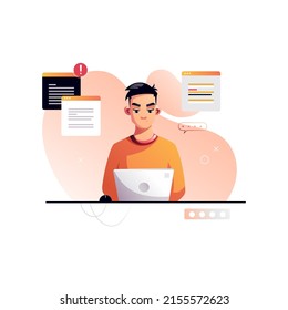 Programmer concentrated at working project. Developing programming and coding technologies. Screen with codes, developer at work with task. Geek coding software with laptop and pc. Isolated vector