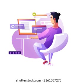 Programmer concentrated at working project. Developing programming and coding technologies. Screen with codes, developer at work with task. Geek coding software with laptop and pc. Isolated vector