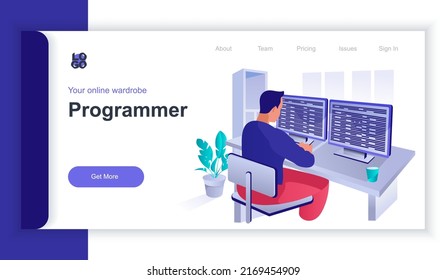Programmer concept 3d isometric web banner with people scene. Man codes and programs working on computers, creates programs and software. Vector illustration for landing page and web template design