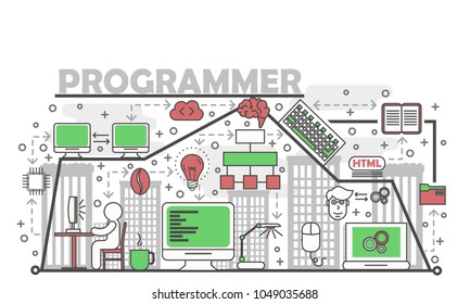 Programmer concept vector illustration. Modern thin line art flat style design element with program coding, computer programming symbols, icons for website banners and printed materials.