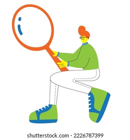Programmer control project, looking through a magnifying glass. Developer coding Mobile application. Vector isolated illustration. Concept dynamical business card, doodle character. Developing website