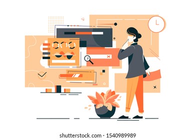Programmer creating new project vector illustration. Concentrated designer looking thoughtfully at open program windows flat style design. Creative process of software