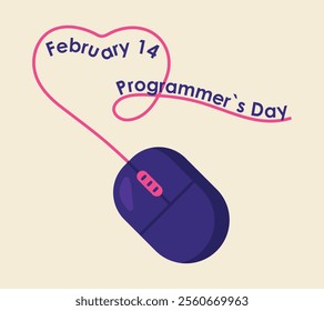 Programmer Day, Computer Mouse with Heart-shaped cord. Greeting Card for IT profession, text February 14. Purple controller, Cable, wheel. Hardware, technology. Flat image. Color vector illustration