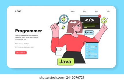 A Programmer deftly examines code for bugs, a metaphor for the meticulous nature of software development, with Python and Java highlighting her versatile skill set