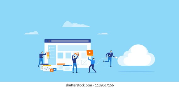 programmer and design team develop for web application and connect to cloud computing concept with  group  business team working 