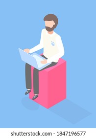 Programmer, designer, co-worker, manager, office clerk using laptop sitting at 3d rectangle. Computer user. Bearded guy working at wireless computer. Isometric flat illustration with cartoon character