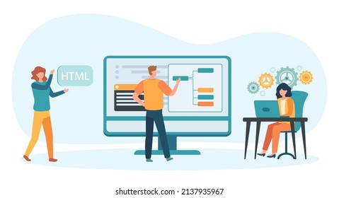 Programmer and designer developing website. Team working together to construct internet page. Software developer writing code, employee changing interface, fixing bugs vector illustration