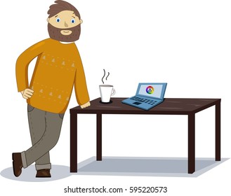 programmer or designer near the table isolated with coffee mug and laptop on the table. color wheel on the screen. working process. place for your text