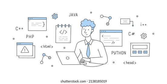 Programmer develop code doodle concept. Man with laptop testing program and software for computer or mobile phone. Developer work with java, html, php, python, scripts, Line art vector illustration