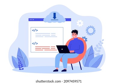 Programmer or developer with laptop creating app or website. System update, coding or programming flat vector illustration. Technology, software development concept for banner or landing web page