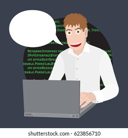 Programmer or Developer with  laptop. Programming software/web in computer.  Vector flat cartoon illustration