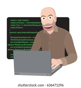 Programmer or Developer with laptop. Programming software/web in computer. Vector flat cartoon illustration