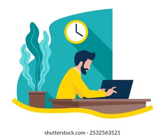 Programmer or developer sitting below the clock hands with a laptop. Time management, productivity, efficiency, performance concept