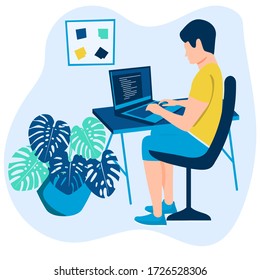 Programmer developer sitting at the table working at laptop. Man write program code, testing, debugging. Making task on computer. Development process in IDE. Home, office. Isolated flat illustration.