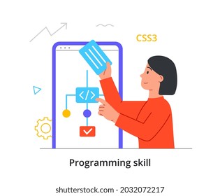 Programmer and developer skills concept. Woman stands next to large smartphone and creates diagram for application. Algorithm of program. Cartoon flat vector illustration isolated on white background
