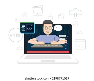 Programmer or developer teach how to create code programming language from online tutorial webinar with flat cartoon style. Vector illustration