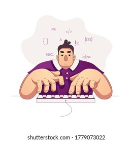 programmer developer working on code, coding, testing, debugging, analysing. young man works with programming languages, typing on keyboard. stock vector illustration isolated on white