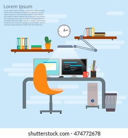 Programmer or developer workspace, office interior in flat design. Vector illustration.