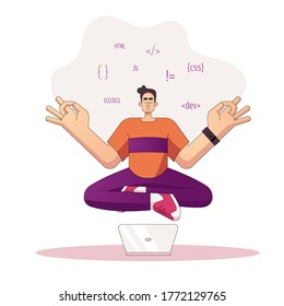 programador de yoga pospone trabajar en código, codificación, pruebas, depuración, análisis. un joven trabaja con lenguajes de programación. ilustración vectorial de material aislado en blanco