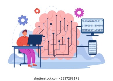Programmer developing AI brain or system vector illustration. Cartoon drawing of happy man at computer working on algorithm. Artificial intelligence, machine or deep learning, programming concept