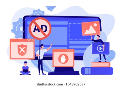 Programmer developing anti virus program. Banned Internet content. Ad blocking software, removing online advertising, ad filtering tools concept. Pink coral blue vector isolated illustration