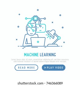 Programmer is developing artificial intelligence concept. Template of web page with thin line icons. Vector illustration for banner, web page, print media.