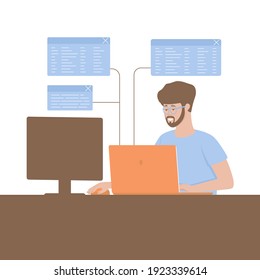 The programmer develops algorithms and computer programs. A web programmer works with the Internet, writes the software component of sites. Flat vector illustration.