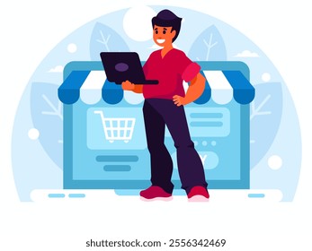 Programmer develops an online store. Programmer standing with laptop. Man holding a laptop. Online store on laptop screen. E-commerce concept. Vector graphics