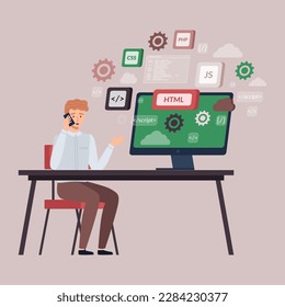 Programmer doing programming languages design and program code on screen, talking on phone. Software, web development. Technology process of information script. Business information coding for website