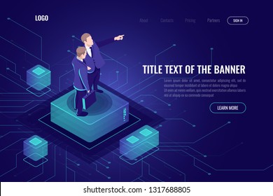 Programmer engineer concept, two men consulting together, solving complex problems and developing a plan, hand pointing, electron internet business vector