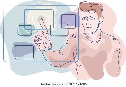 Programmer engineer IT specialist works on virtual screens. A man presses his index finger menu. Colored lines. One continuous line logo single hand drawn isolated minimal illustration