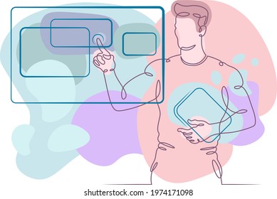 Programmer engineer IT specialist works on virtual screens. A man presses his index finger menu. Colored lines. One continuous line logo single hand drawn isolated minimal illustration