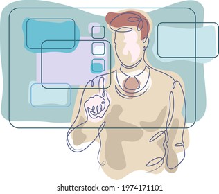 Programmer engineer IT specialist works on virtual screens. A man presses his index finger menu. Colored lines. One continuous line logo single hand drawn isolated minimal illustration