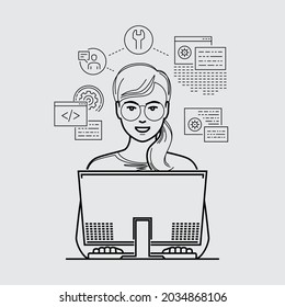 IT Programmer or Engineer Working on Desktop Computer Vector Line Illustration