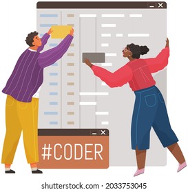 Programmer engineering and coding. Coder programmers working on web development on computer. Concept of script coding and programming in php, javascript, python, other languages. Software developers