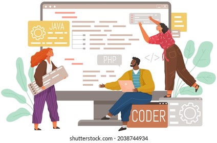 Programmer engineering and coding. Coder programmers working on web development on computer. Concept of script coding and programming in php, javascript, python, other languages. Software developers