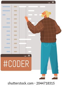 Programmer engineering and coding. Coder programmers working on web development on computer. Concept of script coding and programming in php, javascript, python, other languages. Software developers