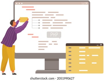 Programmer engineering and coding. Coder programmers working on web development on computer. Concept of script coding and programming in php, javascript, python, other languages. Software developers