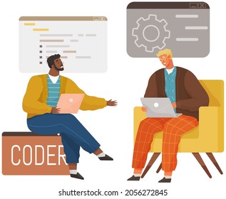Programmer engineering and coding. Coder programmers working on web development on computer. Concept of script coding and programming in php, javascript, python, other languages. Software developers