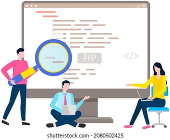 Programmer engineering and coding. Coder programmers working on web development on computer. Concept of script coding and programming in php, javascript, python, other languages. Software developers