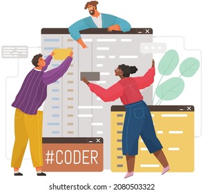 Programmer engineering and coding. Coder programmers working on web development on computer. Concept of script coding and programming in php, javascript, python, other languages. Software developers
