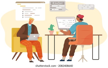 Programmer engineering and coding. Coder programmers working on web development on computer. Concept of script coding and programming in php, javascript, python, other languages. Software developers