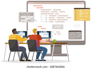 Programmer engineering and coding. Coder programmers working on web development on computer. Concept of script coding and programming in php, javascript, python, other languages. Software developers